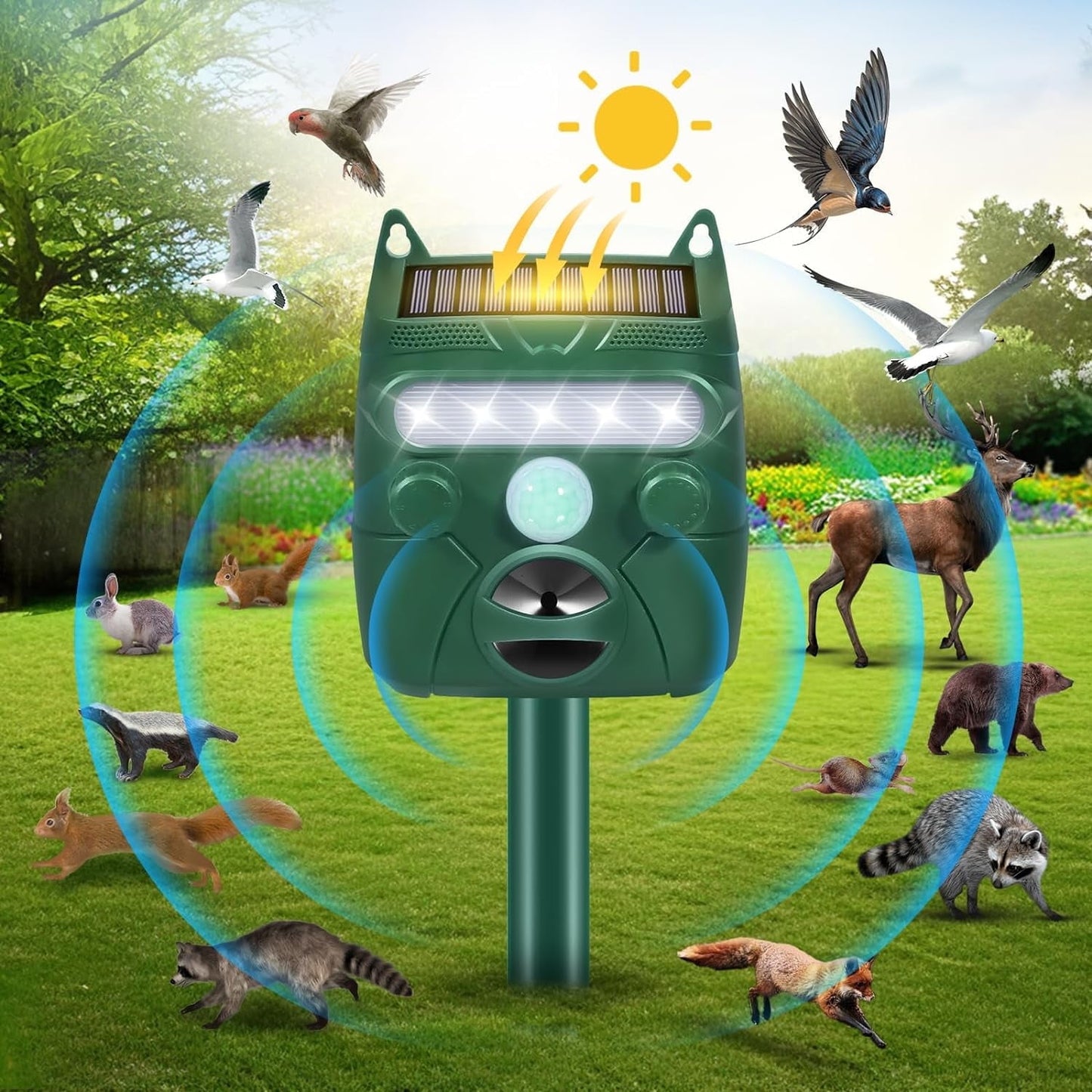 KingFurt Ultrasonic Animal Repeller, Motion Activated and Blinking LED Light 2 in 1 Outdoor Repellent