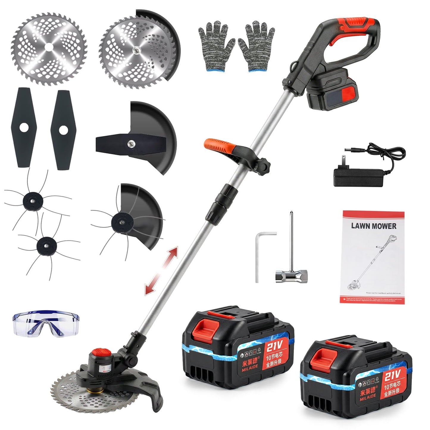 KingFurt 21V Cordless Electric Weed Wacker, 9-Inch Brushless String Trimmer with 2 Batteries & Blade Set, Adjustable Telescopic Pole Lawn Mower for Garden Edging