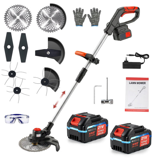 KingFurt 21V Cordless Electric Weed Wacker, 9-Inch Brushless String Trimmer with 2 Batteries & Blade Set, Adjustable Telescopic Pole Lawn Mower for Garden Edging