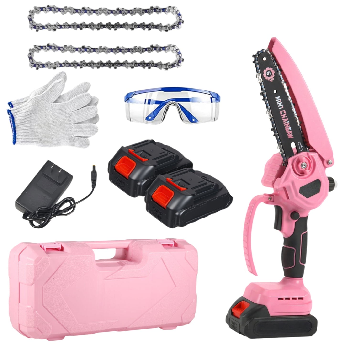 KingFurt 6-inch mini chainsaw set, with Oiler System +2pcs 21V batteries, Cute pink cordless electric chainsaw for women