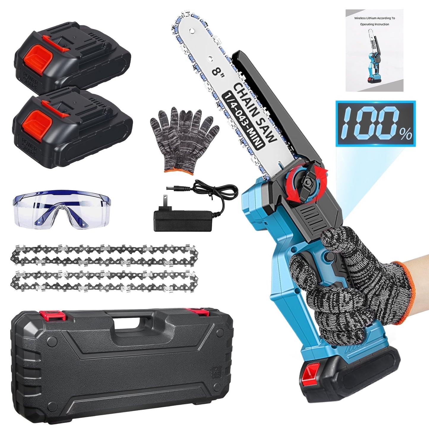 KingFurt 8-inch Digital Chain Saw 1500mAh Battery 2 Blades & 2 Chains Included Gloves & Safety Goggles Portable Electric Chainsaw for Garden Yard Camping