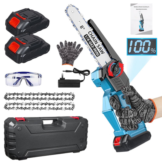 KingFurt 8-inch Digital Chain Saw 1500mAh Battery 2 Blades & 2 Chains Included Gloves & Safety Goggles Portable Electric Chainsaw for Garden Yard Camping