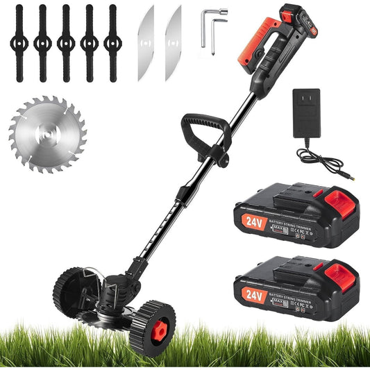 KingFurt Cordless Brush Cutter 24V Lawn Mower with 2×2.0Ah Li-Ion Battery Powered and 3 Types Cutting Blade Push Wheeled for Yard and Garden Black-Red