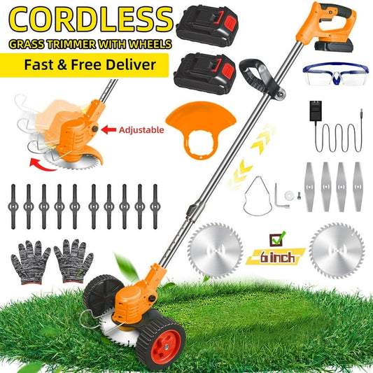KingFurt Cordless Lawn Mower Kit Powerful DC Motor Safety Brush Cutter Blades Adjustable Handle