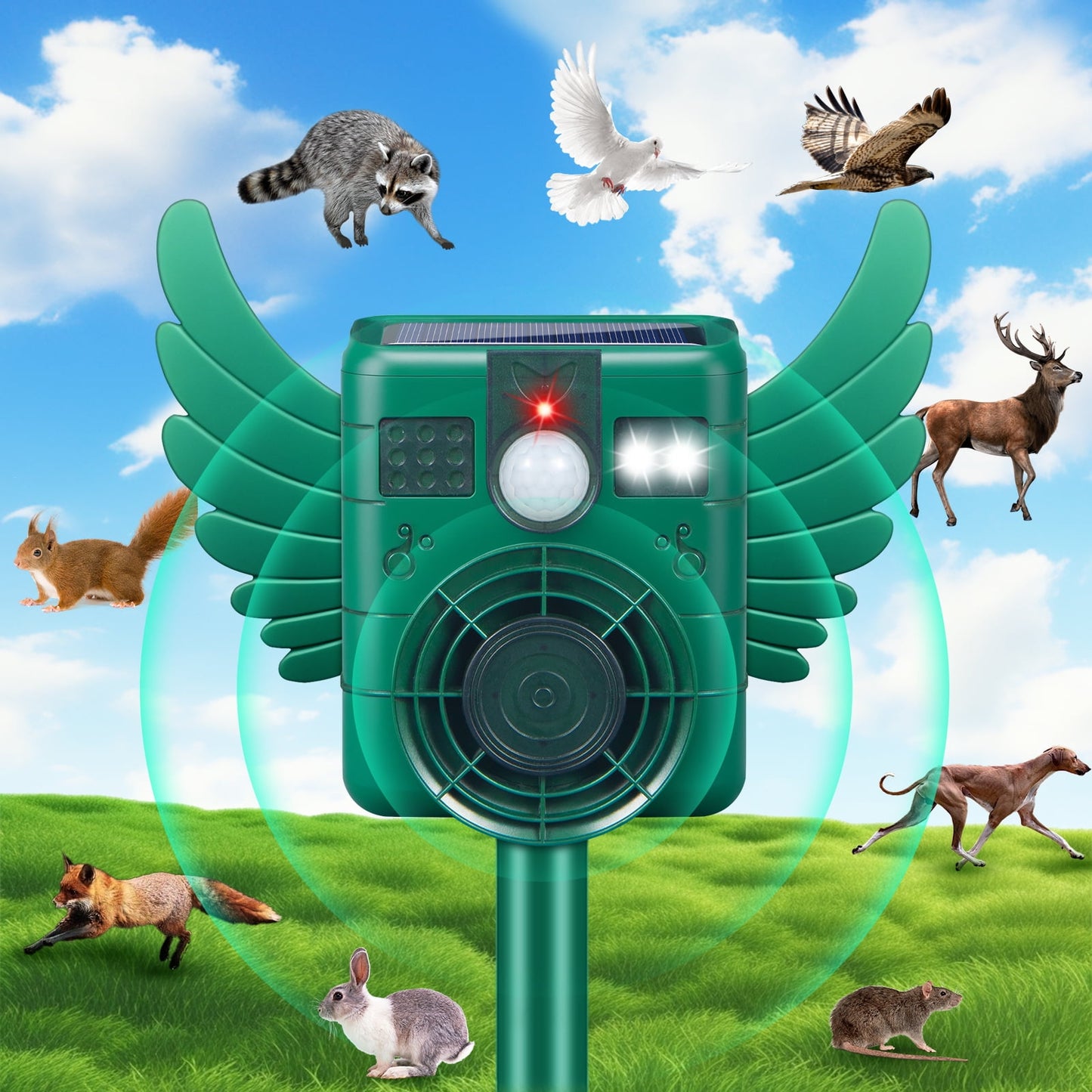 KingFurt Solar Animal Repeller with Ultrasonic Motion Sensor and LED Lights, Waterproof, 1 Pack, 5.3" x 4.2" x 3.7"