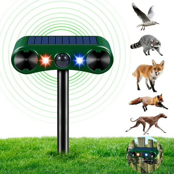 Solar Animal Repeller Ultrasonic Animal Repellent Deer Repellent Devices with LED Flashing Light to Repel Cat, Squirrel, Deer, Raccoon, Skunk, Rabbit, Rat, Dog