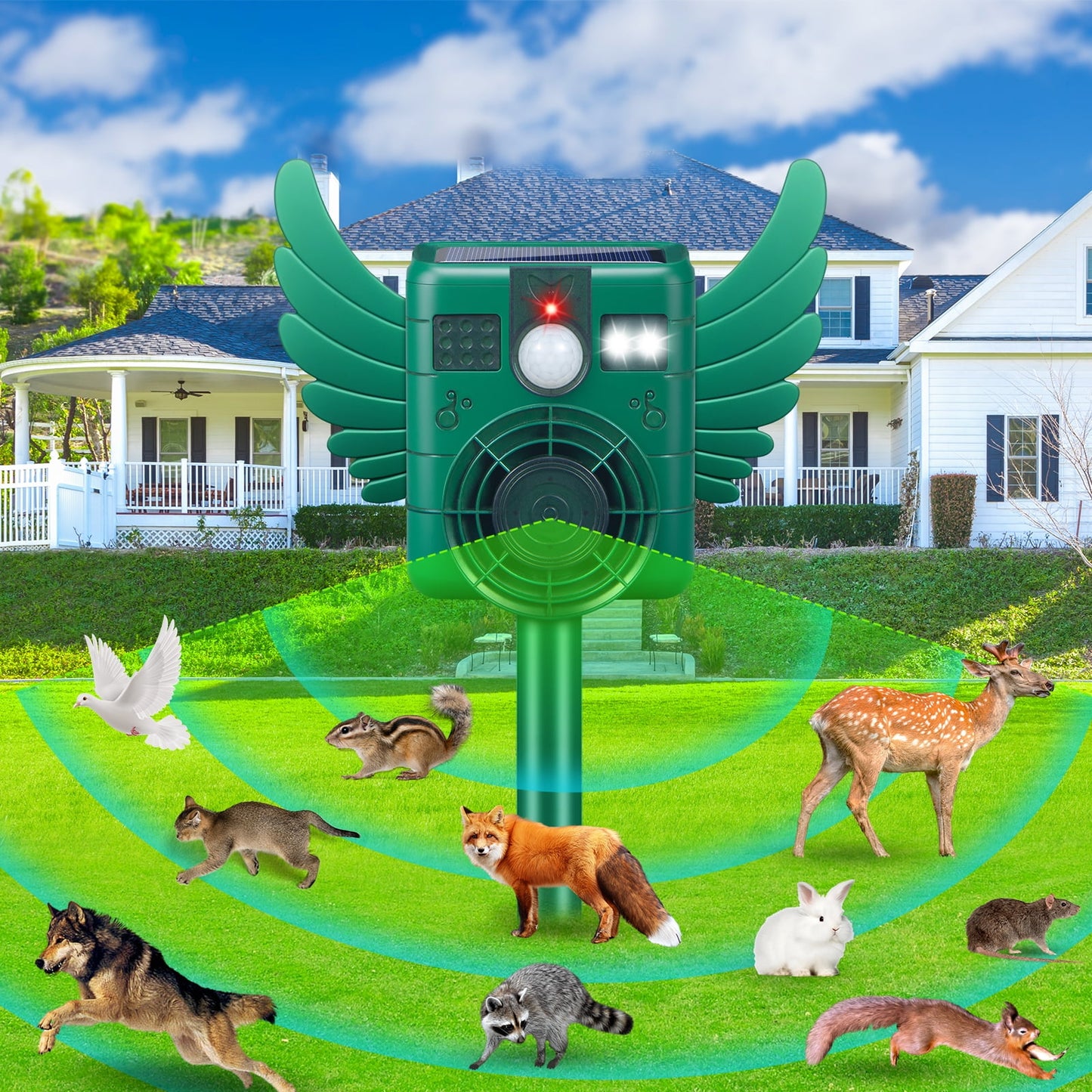 KingFurt Solar Animal Repeller with Ultrasonic Motion Sensor and LED Lights, Waterproof, 1 Pack, 5.3" x 4.2" x 3.7"