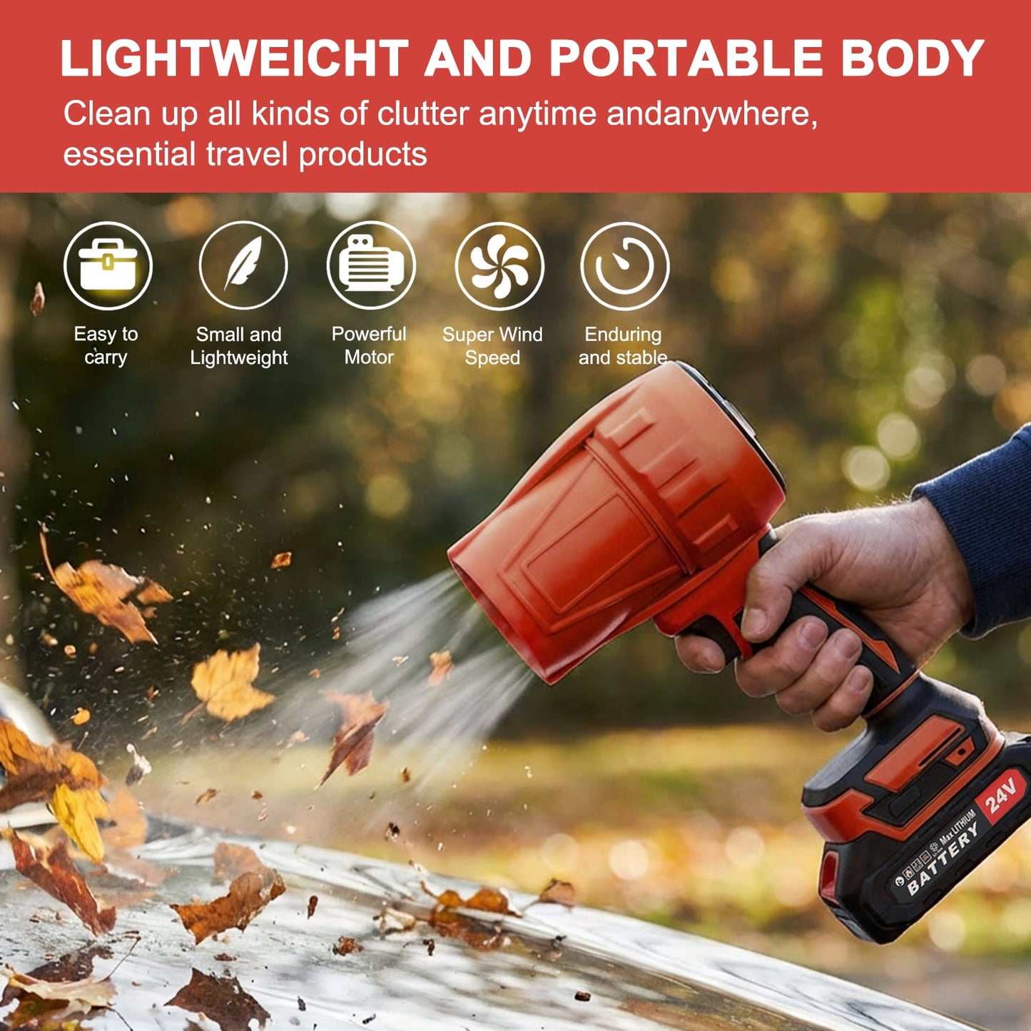 KingFurt 24V Cordless Leaf Blower, High Speed Turbine Jet Blower with Extended Nozzle, Battery Powered Handheld Air Blaster for Patio Cleaning, Driveway Dust Removal & Car Drying-Red