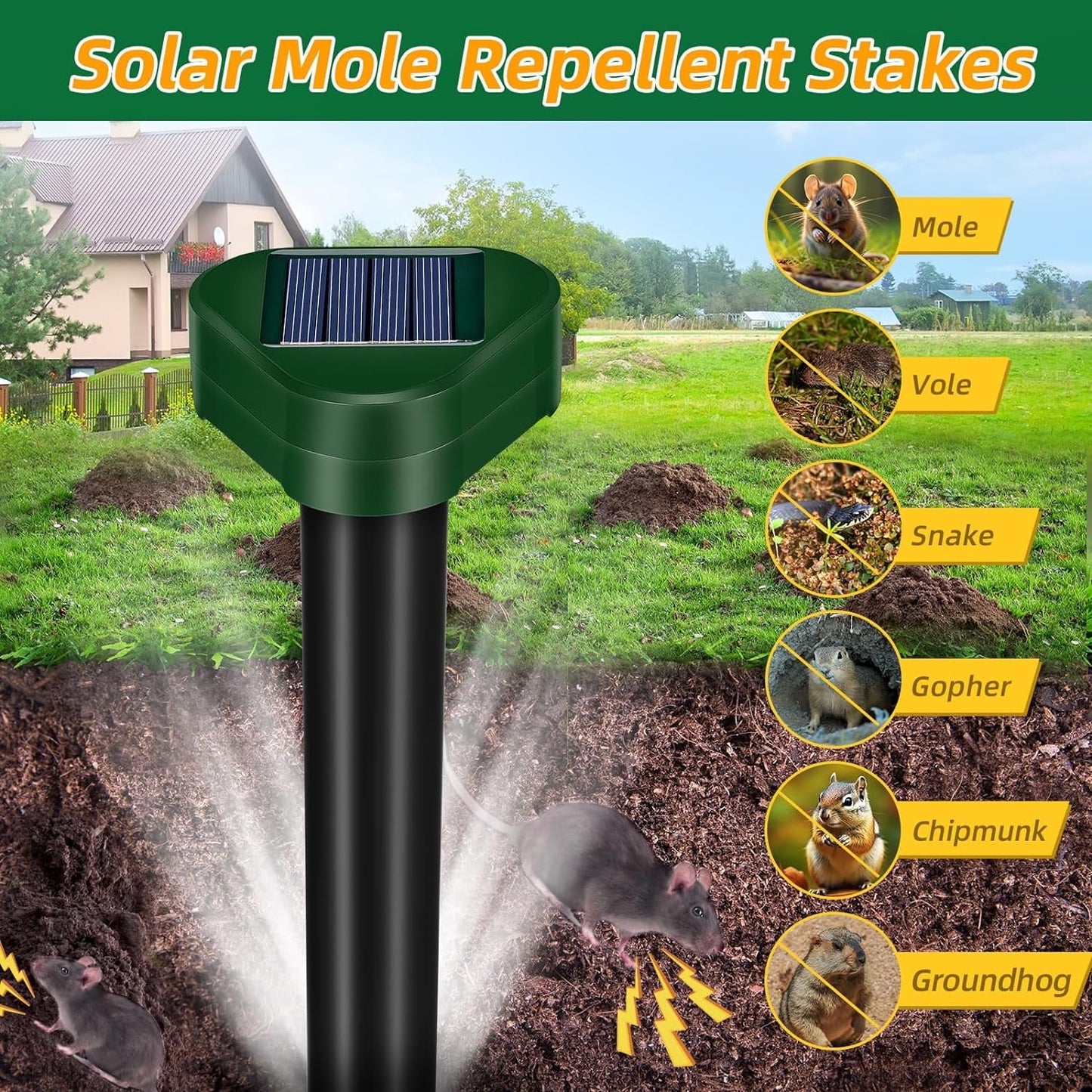 KingFurt 4 Pack Solar Mole Repellent Outdoor, Ultrasonic Mole Repellent Stakes for Lawn Garden Yard