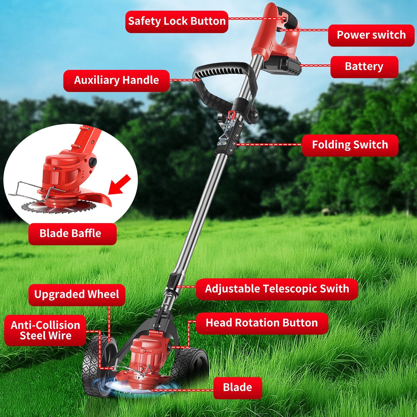 KingFurt Foldable Brush Cutter Cordless Weed Wacker Electric Weed Eater with 2 Batteries for Lawn Garden Yard