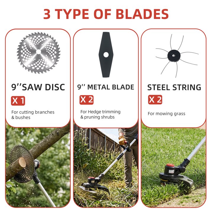 KingFurt 21V Cordless Electric Weed Wacker, 9-Inch Brushless String Trimmer with 2 Batteries & Blade Set, Adjustable Telescopic Pole Lawn Mower for Garden Edging