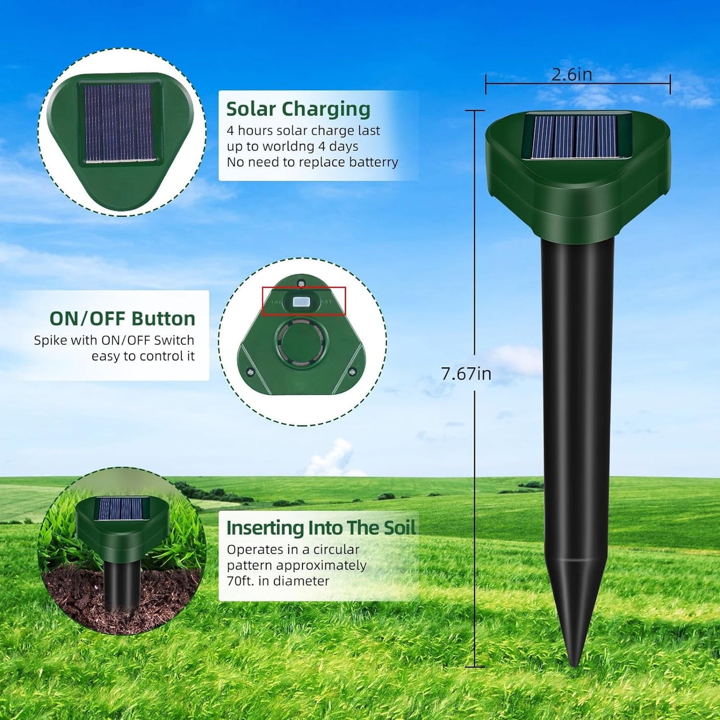 KingFurt 4 Pack Solar Mole Repellent Outdoor, Ultrasonic Mole Repellent Stakes for Lawn Garden Yard