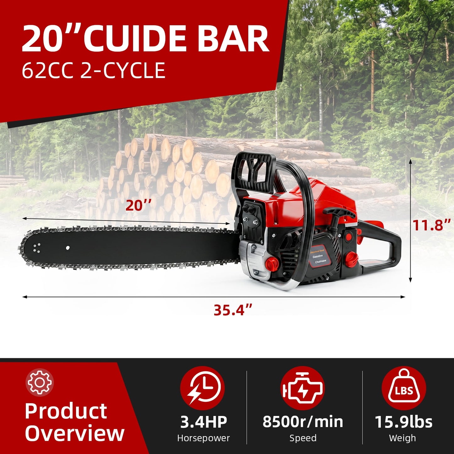 KingFurt 62CC Gas Chainsaw,20 Inch Power Chainsaw, 2-Cycle Handed Petrol Chainsaws for Wood Cutting, Gardens and Farms
