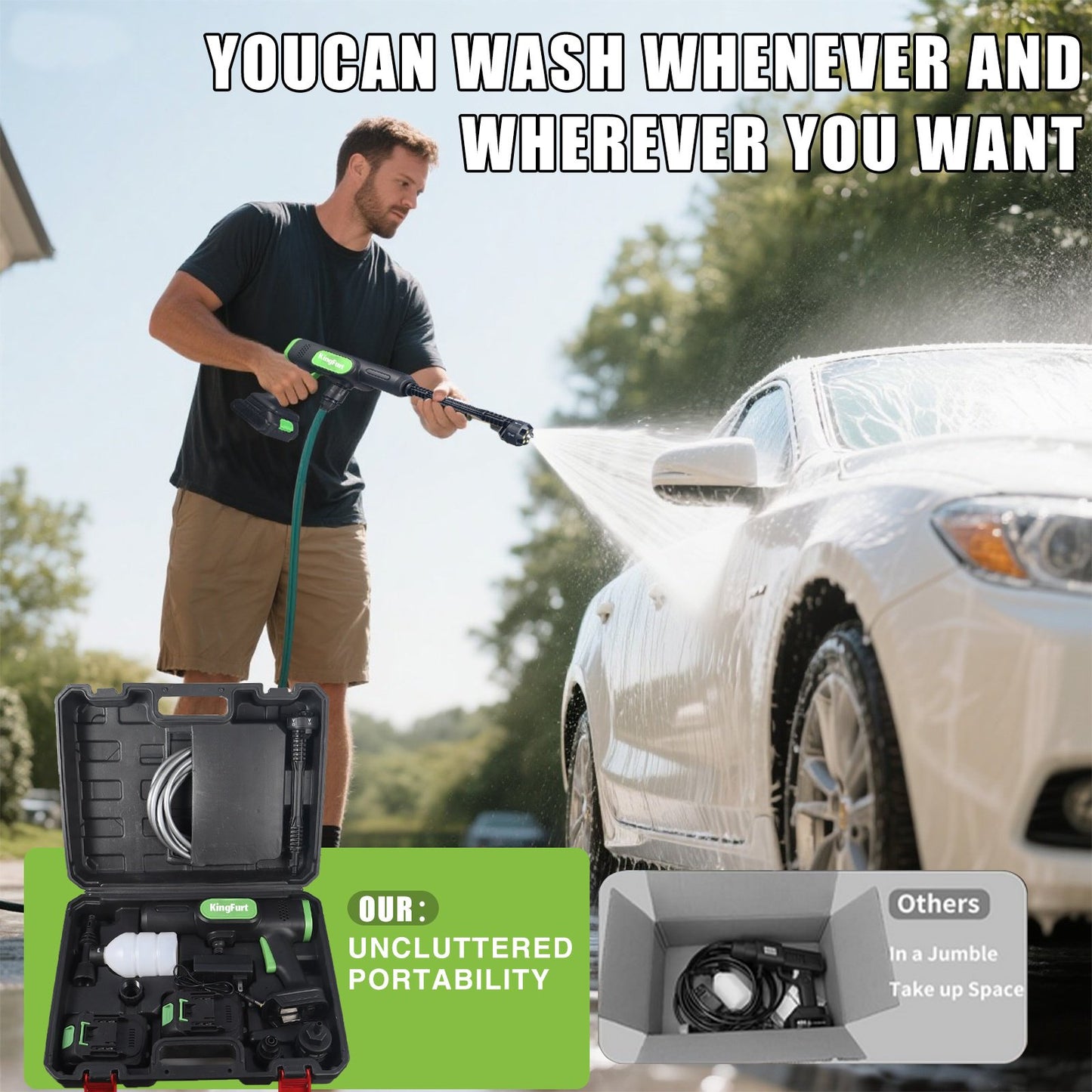 KingFurt Cordless Power Washer, Handheld Pressure Washer with 6-in-1 Adjustable Nozzle,16.4FT Drain Hose, Power Cleaner for Patio/Floor Fence/Cars