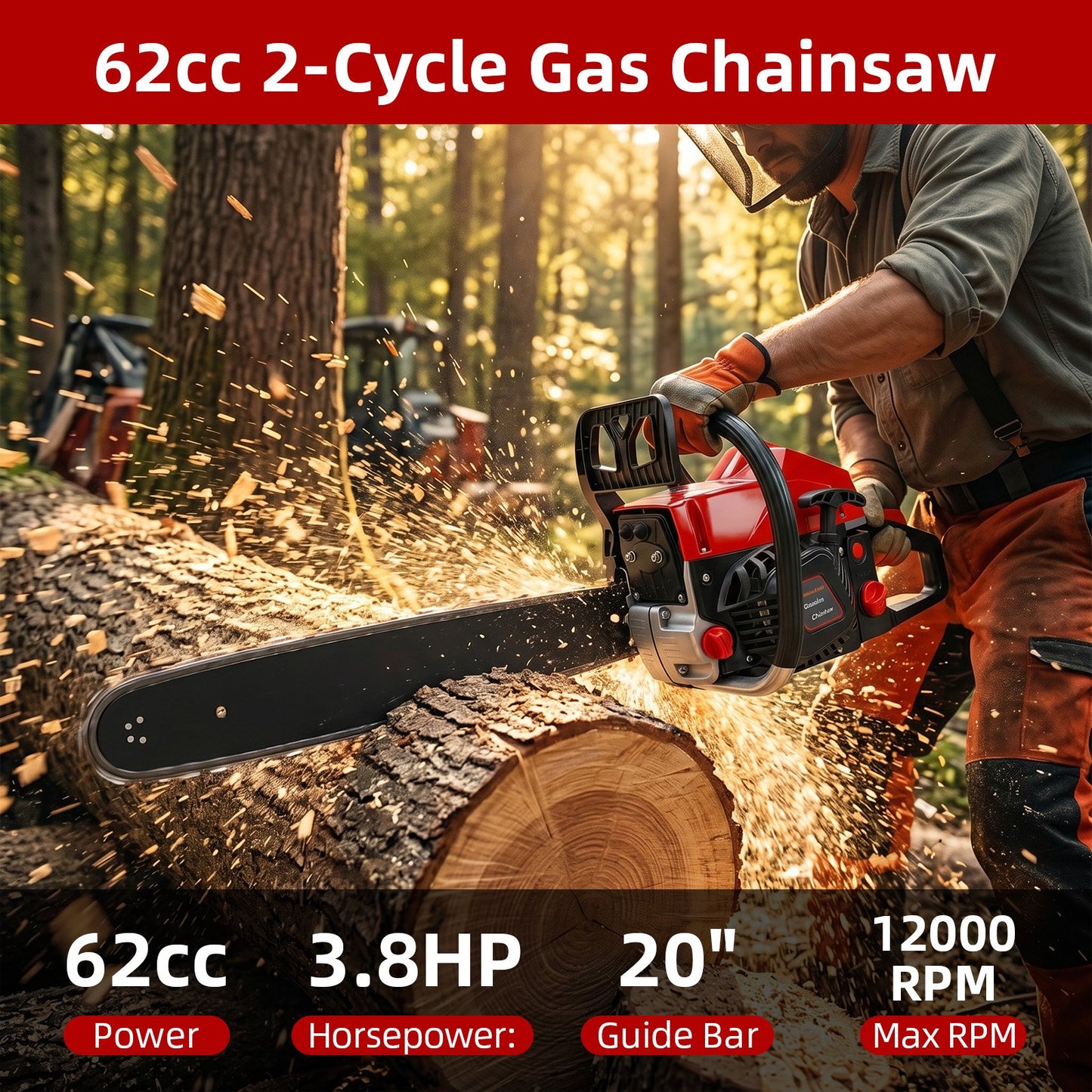 KingFurt 62CC Gas Chainsaw,20 Inch Power Chainsaw, 2-Cycle Handed Petrol Chainsaws for Wood Cutting, Gardens and Farms
