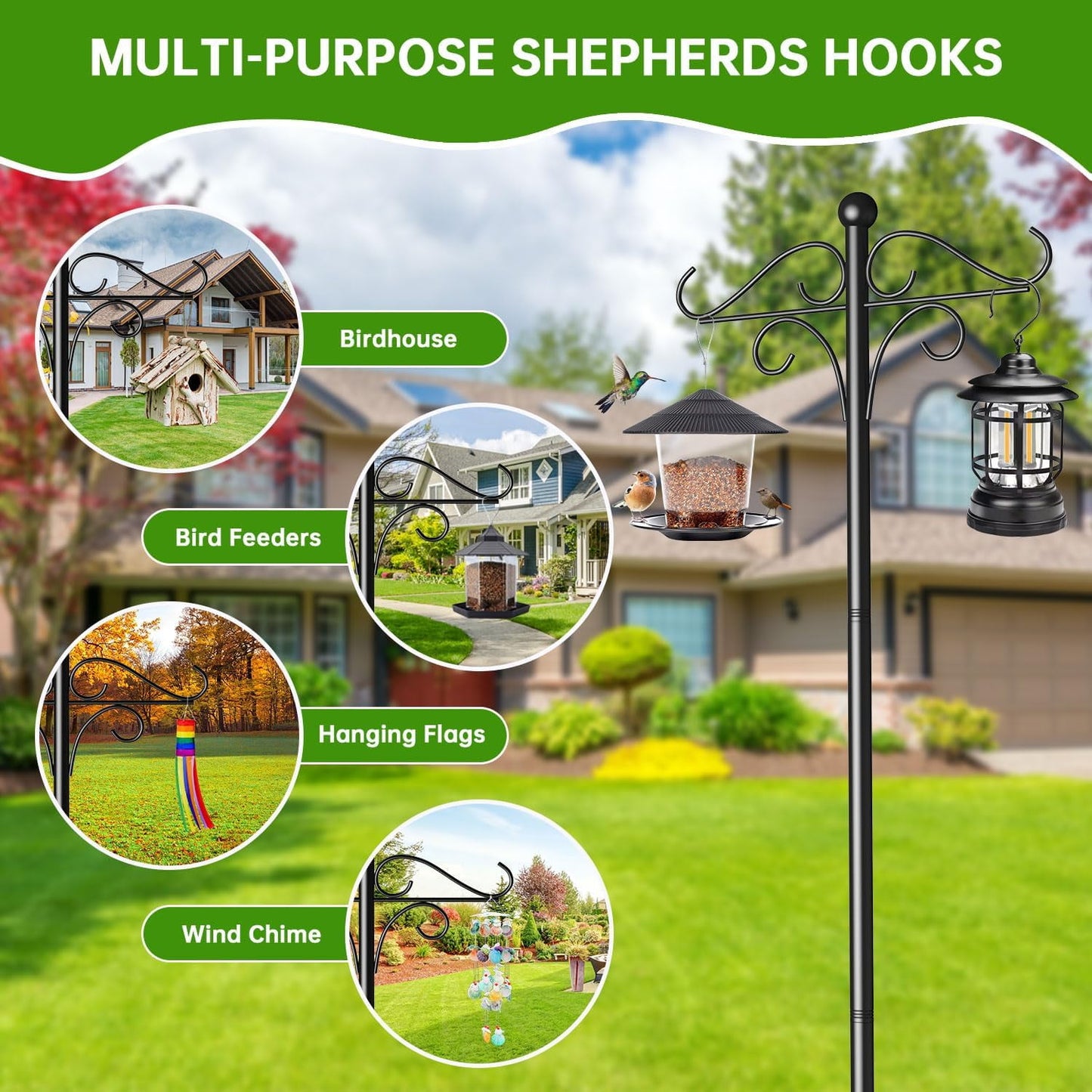 KingFurt shepherds hook heavy duty,108 inch shepard's hook with 5 Base Prongs, Ideal for Bird Feeders and Garden Decor