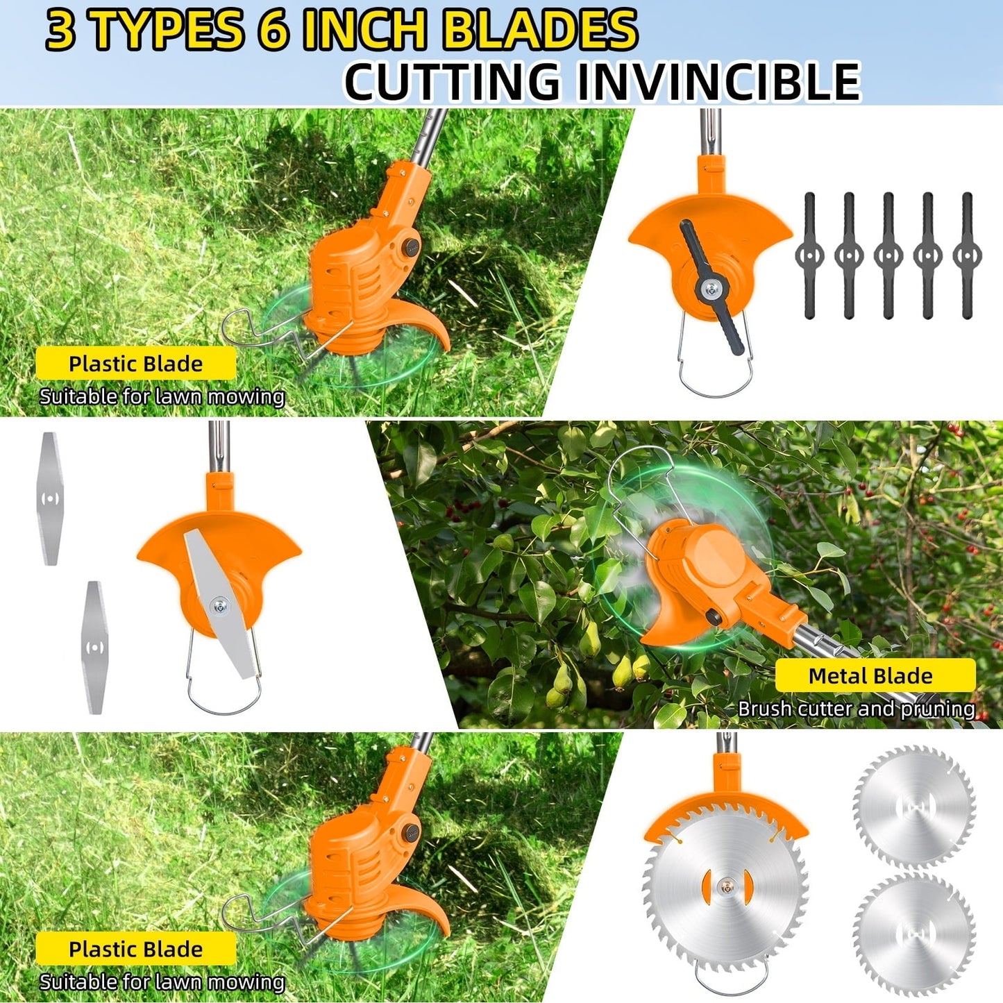 KingFurt 6-Inch Universal Weed Eater Wacker Blades Kit - 2 Circular Saw + 2 Metal Blades + 5 Nylon Trimmer Blades, Bubble Bag Packaged