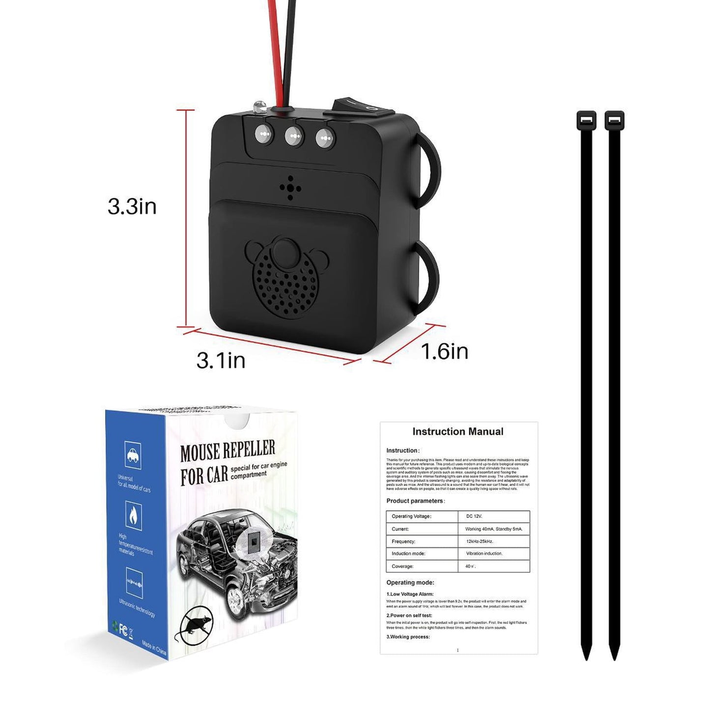 Under Hood Rodent Repeller, Professional Mouse Repellent, Ultrasonic 12V Car Pest Repeller Squirrels, Pack Rat Deterrent for Cars Trucks RV Engine Bay Warehouse Attic with Evictor Strobe Light 2 Pack