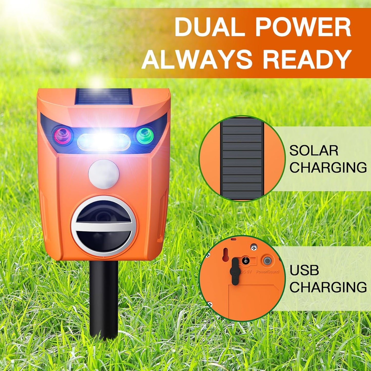 KingFurt 2 Packs Ultrasonic Animal Repeller Solar Powered Outdoor, 360° Ultrasonic Cat Repeller for Repelling Sankes, Raccoons, Cats, Dogs, Rabbits