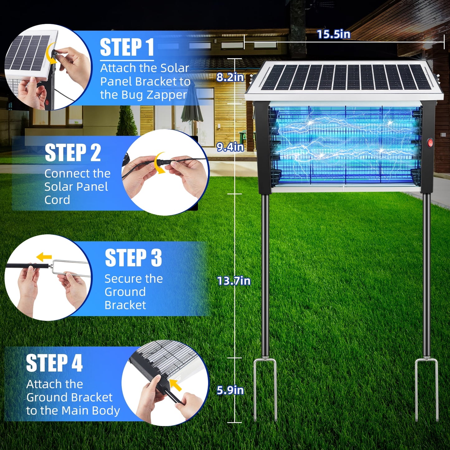 KingFurt Mosquito Zapper, Solar Bug Zapper Outdoor, Rechargeable Electric Mosquito Killer with Grounding Bracket Fly Insect Mosquito Trap for Patio Garden