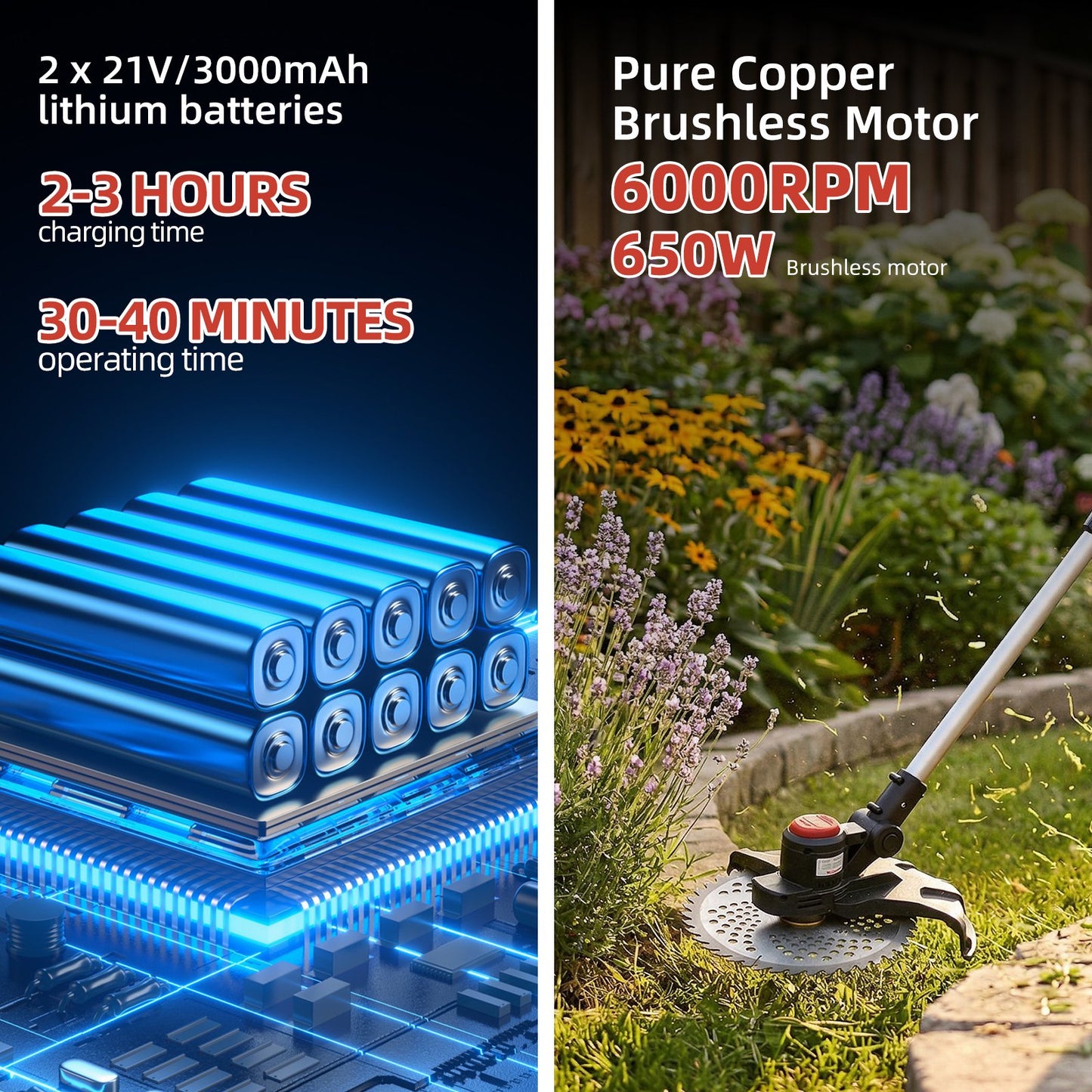 KingFurt 21V Cordless Electric Weed Wacker, 9-Inch Brushless String Trimmer with 2 Batteries & Blade Set, Adjustable Telescopic Pole Lawn Mower for Garden Edging