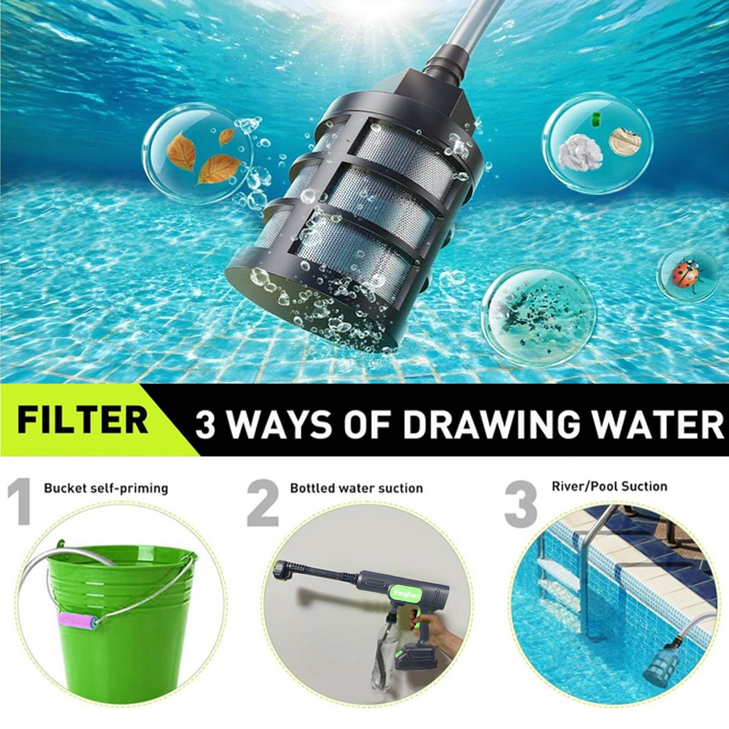 KingFurt Cordless Power Washer, Handheld Pressure Washer with 6-in-1 Adjustable Nozzle,16.4FT Drain Hose, Power Cleaner for Patio/Floor Fence/Cars