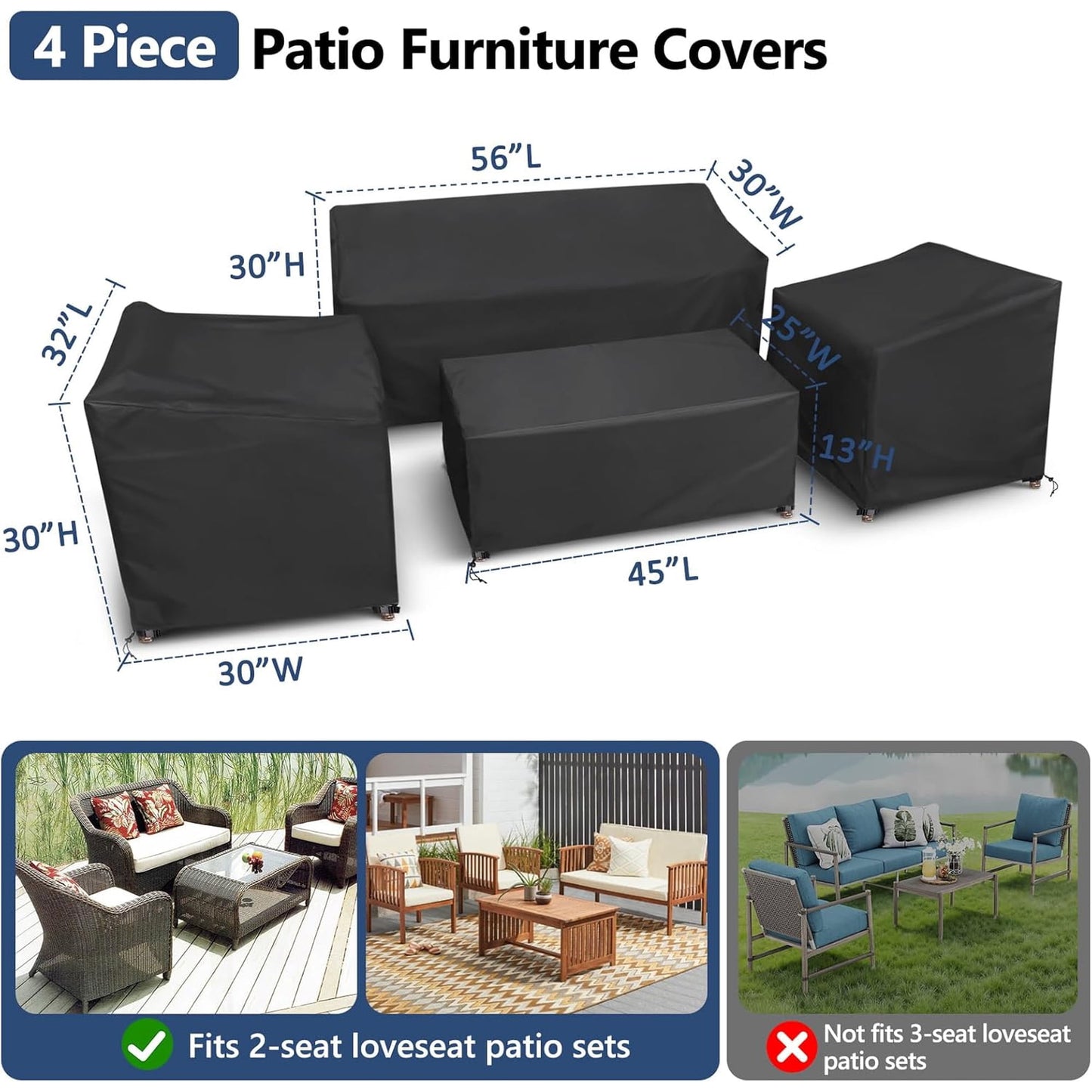 KingFurt Patio Furniture Covers, 4 Piece Outdoor Furniture Covers Waterproof, Heavy Duty Tear-Resistant Patio Chair Covers with Windproof Buckle Strap and Adjustable Drawstring