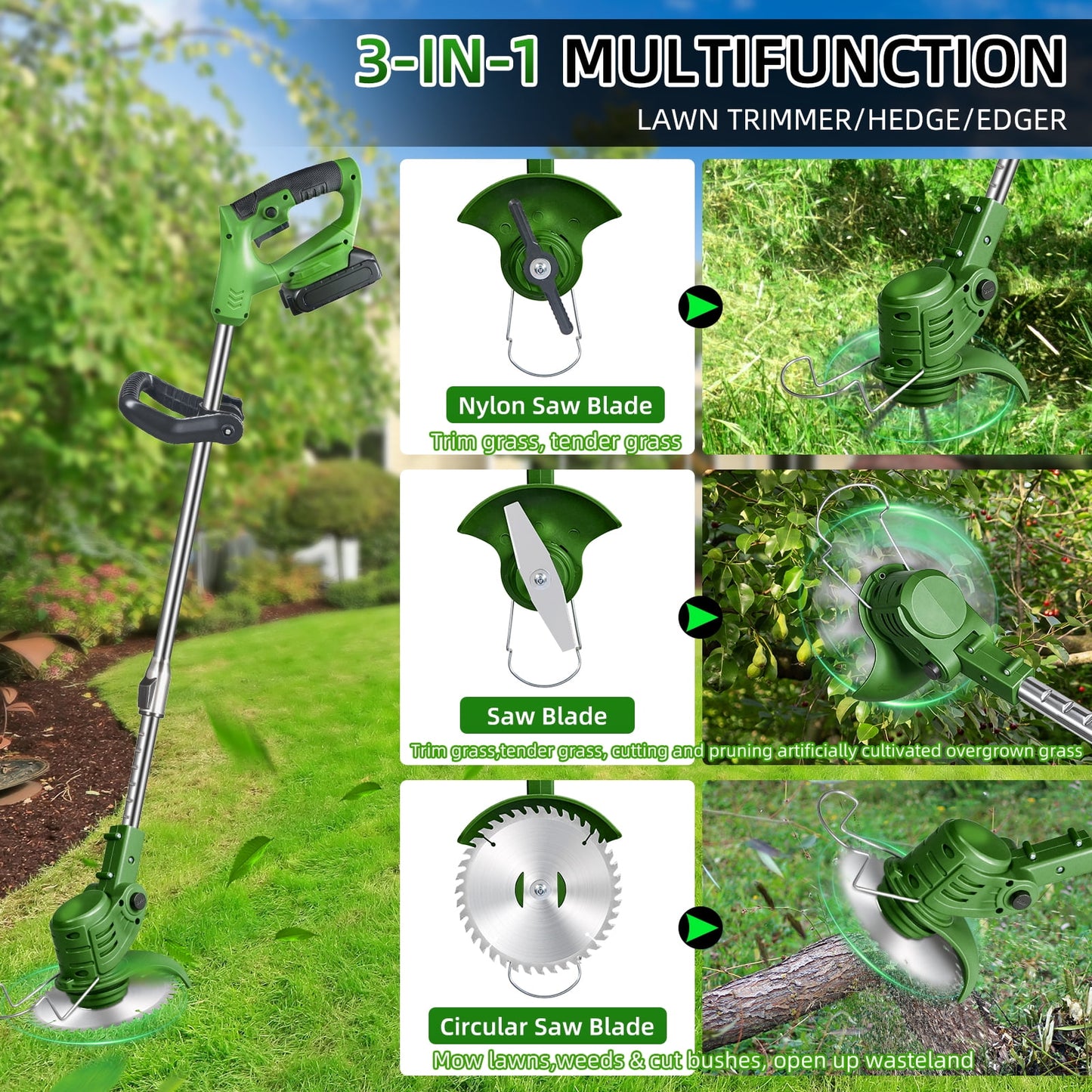 KingFurt 3-in-1 Wheel Edger Mini-Mower, Battery Powered Weed Wacker,Cordless lawn mower for yards