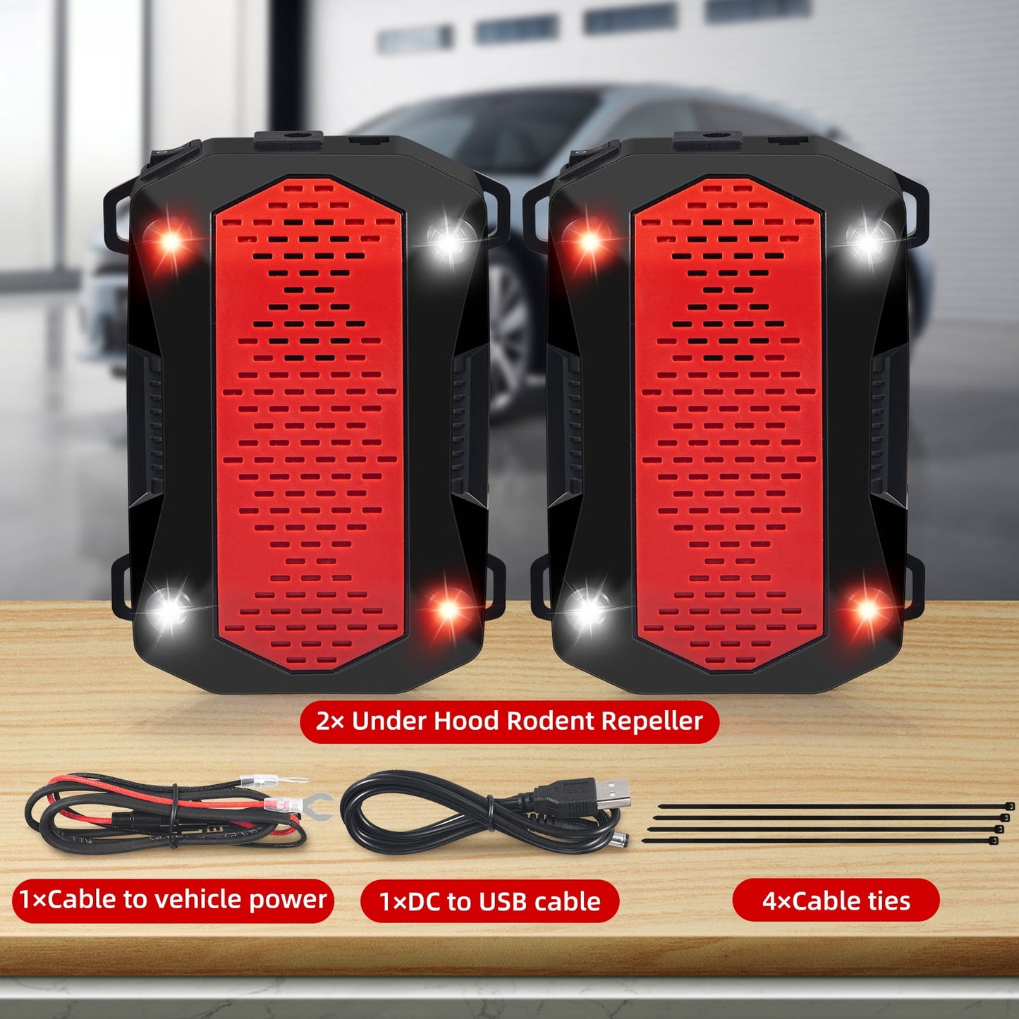 Under Hood Animal Repeller - Red/White Flash Light - 12V Engine Deterrent - Ultrasonic Rat & Squirrel Repellent