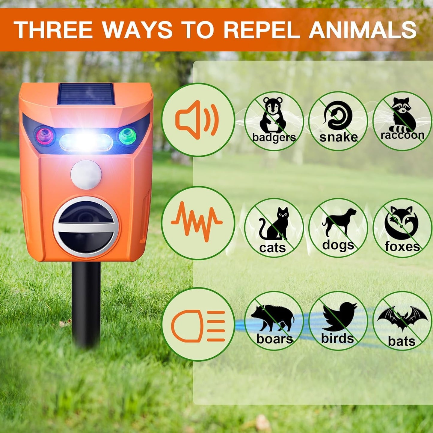 KingFurt 2 Packs Ultrasonic Animal Repeller Solar Powered Outdoor, 360° Ultrasonic Cat Repeller for Repelling Sankes, Raccoons, Cats, Dogs, Rabbits