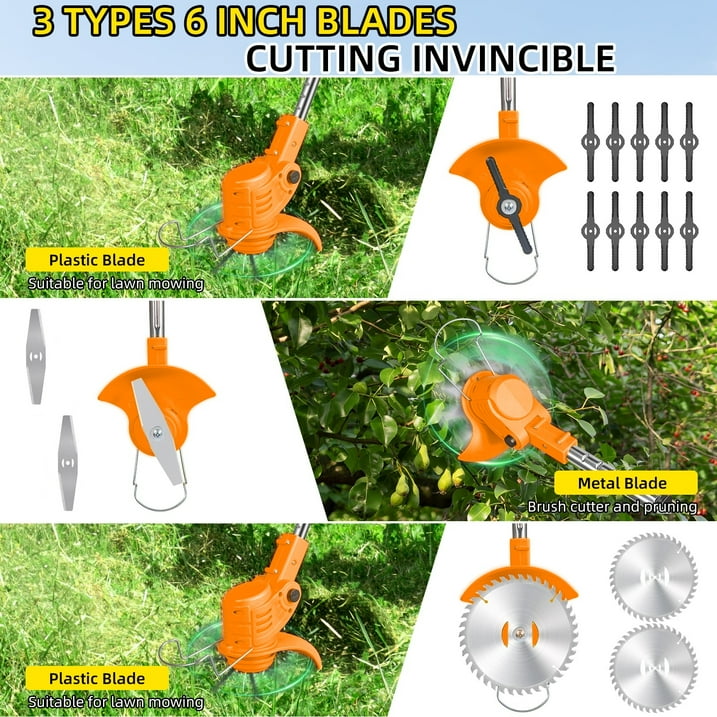 KingFurt Cordless Lawn Mower Kit Powerful DC Motor Safety Brush Cutter Blades Adjustable Handle