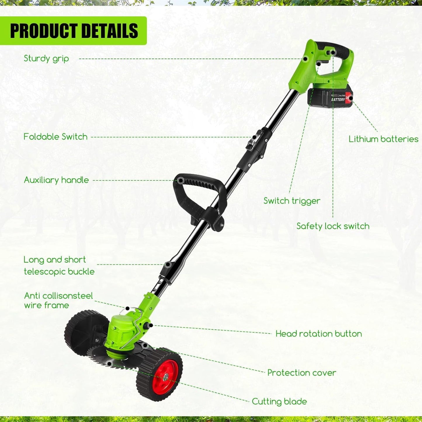 KingFurt Foldable Cordless Weed Wacker, with 2 Large Capacity Batteries and 13 Blades