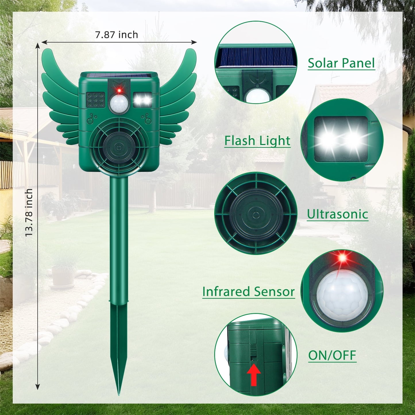 KingFurt Solar Animal Repeller with Ultrasonic Motion Sensor and LED Lights, Waterproof, 1 Pack, 5.3" x 4.2" x 3.7"