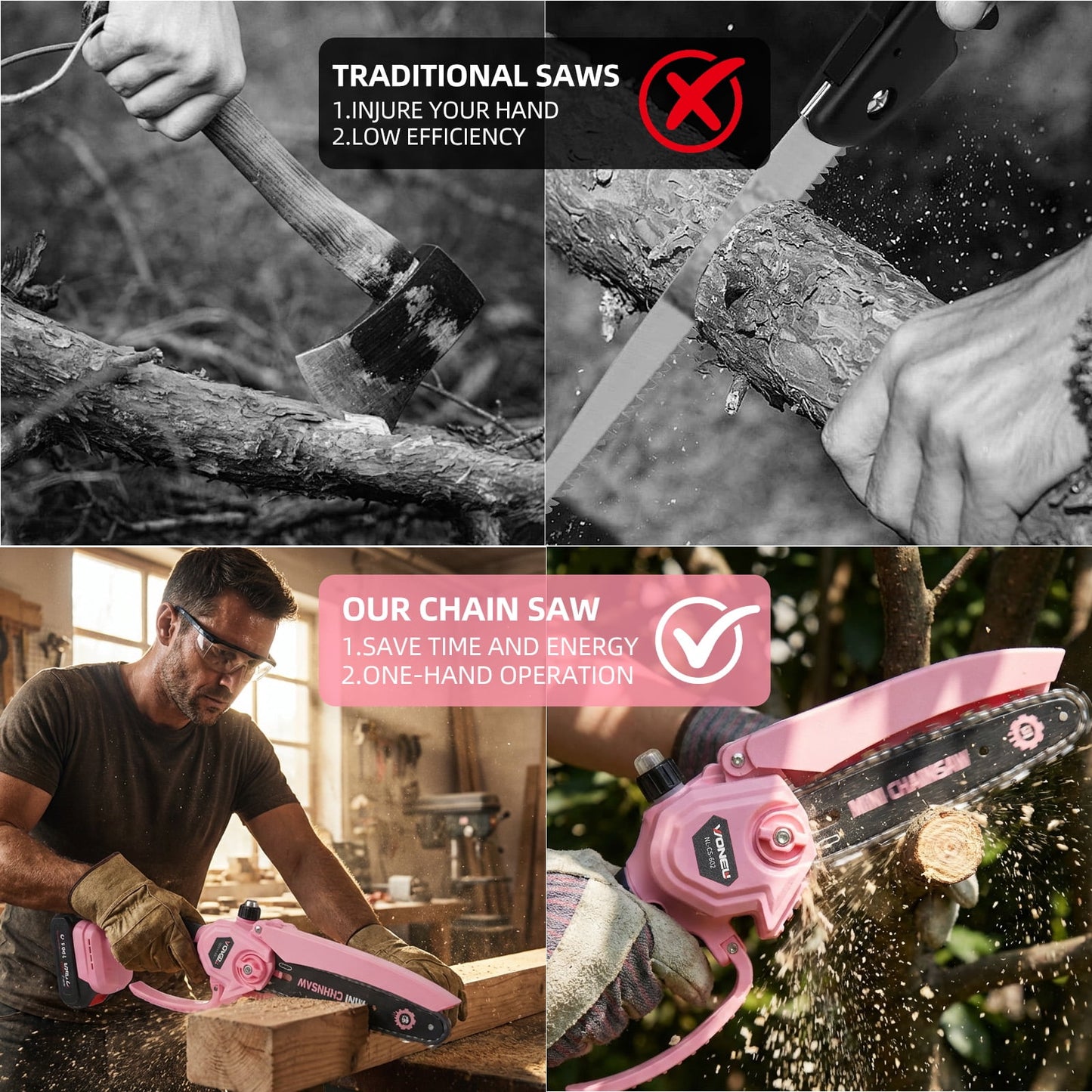 KingFurt 6-inch mini chainsaw set, with Oiler System +2pcs 21V batteries, Cute pink cordless electric chainsaw for women