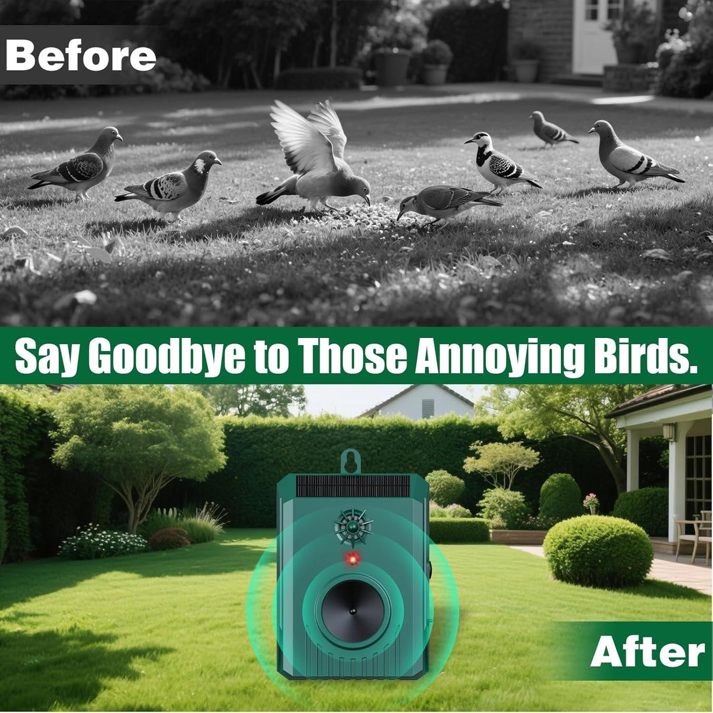 KingFurt Solar Ultrasonic Bird Repellent Devices Bird Deterrents for Outside Pigeon Repeller Outdoor Animal Repellent Outdoor to Keep Pigeon Woodpecker Out of Balconies Patio Garden
